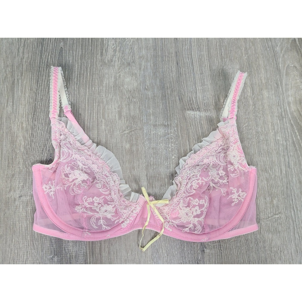 Y2K Victoria's Secret 36D Plunge Bra Lacy Pink Bow Coquette Fairycore It Girl